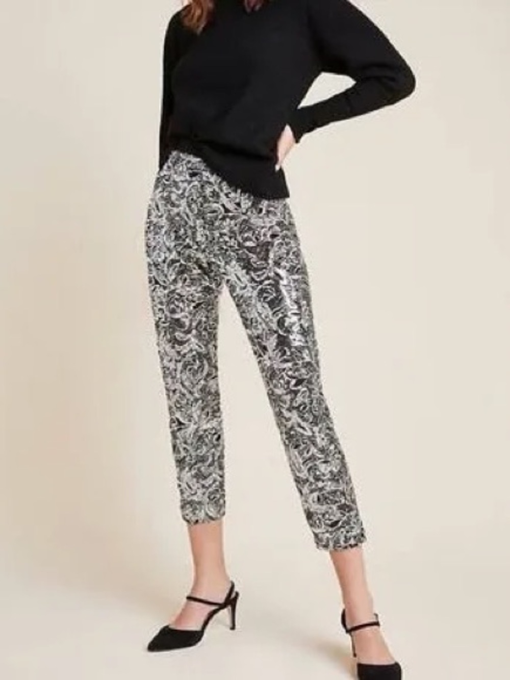 Anthropologie Black & Silver Sequin Paisley Joggers